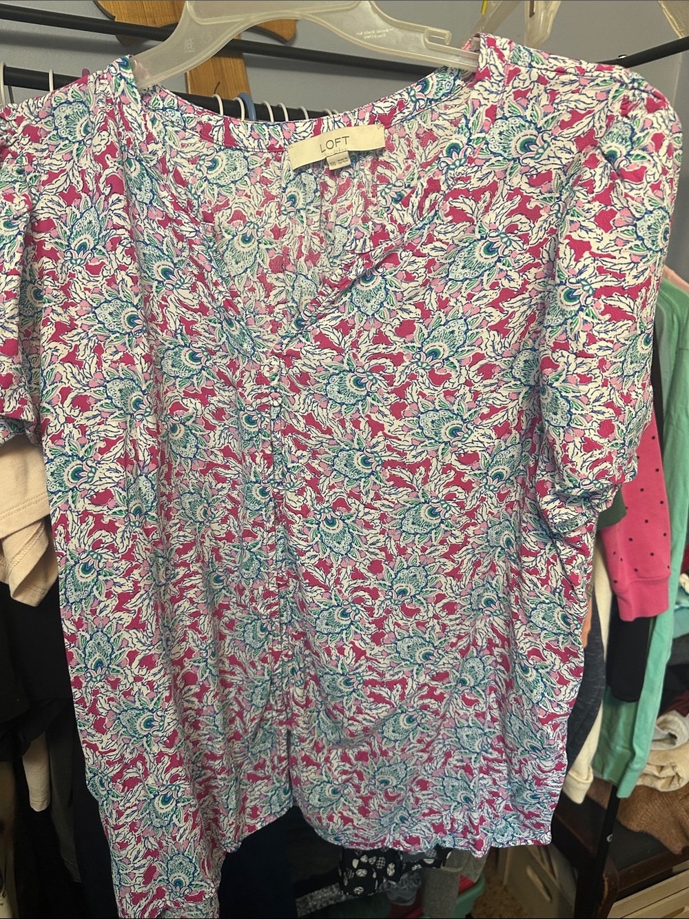 LOFT Pink & Teal Floral Short Sleeve Blouse